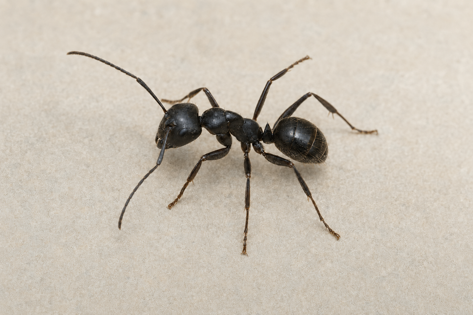 Full-body photograph of a common black ant