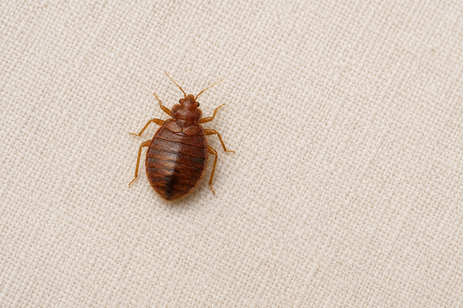 Single full-body common bed bug on pale neutral fabric
